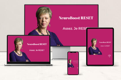 Mockup du programme RESET NeuroBoost sur tous les supports Programme RESET NeuroBoost pour managers et chefs d'équipe – disponible sur PC, tablette et mobile avec lives en visio et audios quotidiens
